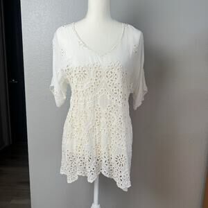 Johnny Was Cream Eyelet Scalloped Hem Tunic Top Short Sleeve (see Note For Size)